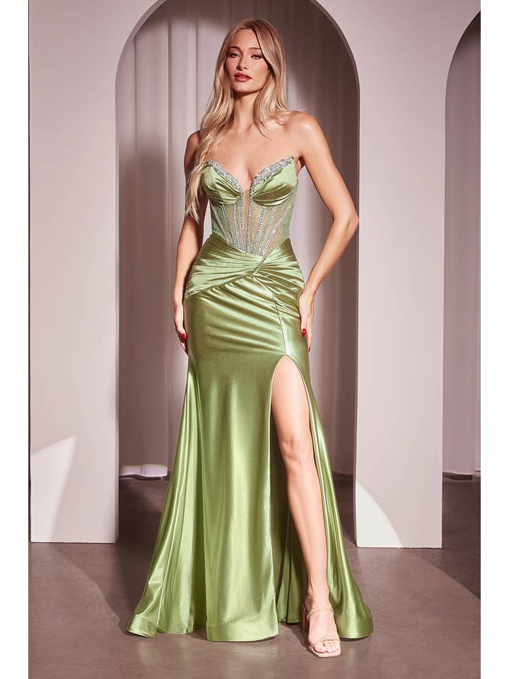 {Ladivine Strapless Lace Bodice Satin Fitted Evening Gown With Slit} - {} at {Linda Mariposa}