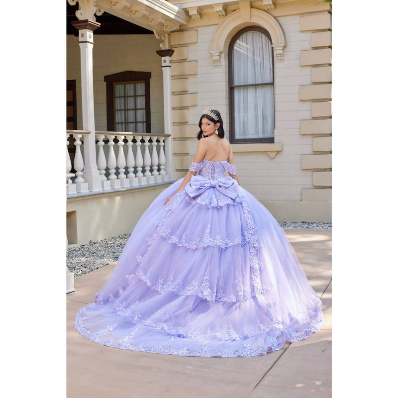 {Lilac Layered Floral Lace Quinceañera Ball Gown | Sweetheart Neckline} - {} at {Linda Mariposa}