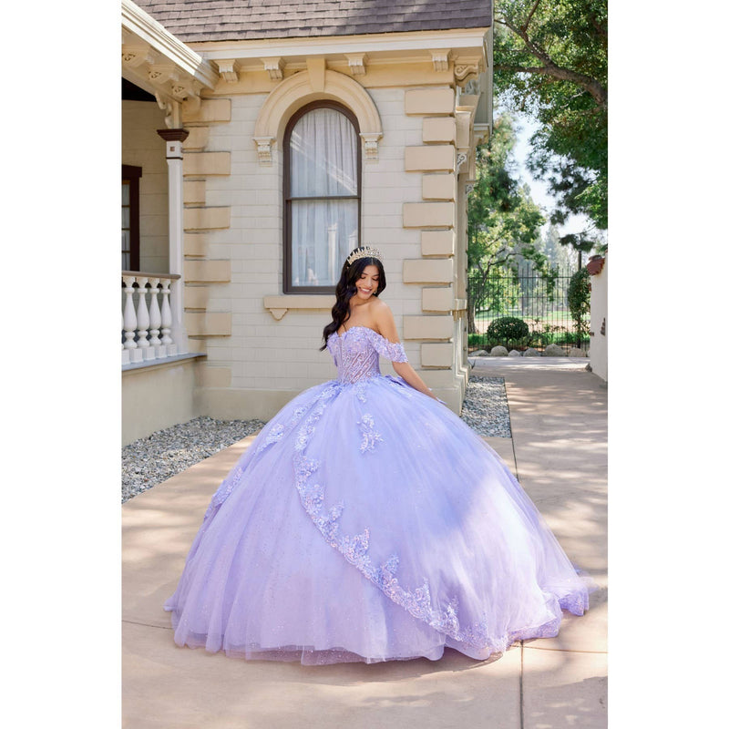 {Lilac Layered Floral Lace Quinceañera Ball Gown | Sweetheart Neckline} - {} at {Linda Mariposa}