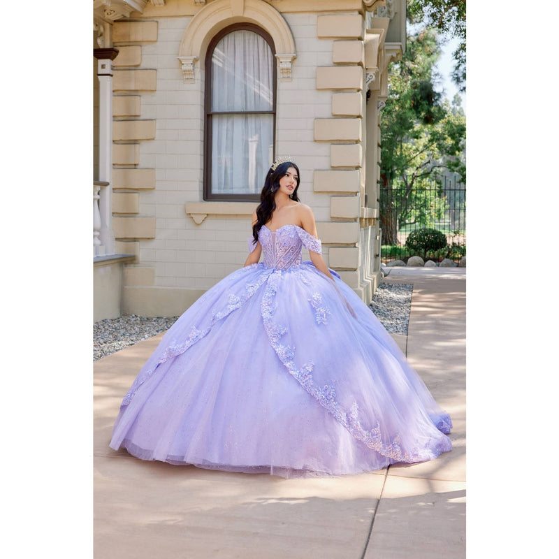 {Lilac Layered Floral Lace Quinceañera Ball Gown | Sweetheart Neckline} - {} at {Linda Mariposa}