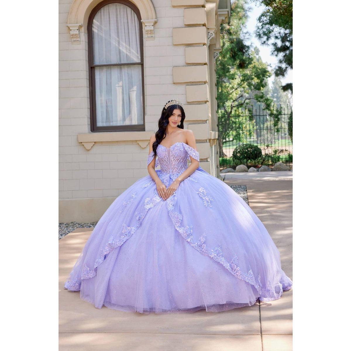 {Lilac Layered Floral Lace Quinceañera Ball Gown | Sweetheart Neckline} - {} at {Linda Mariposa}