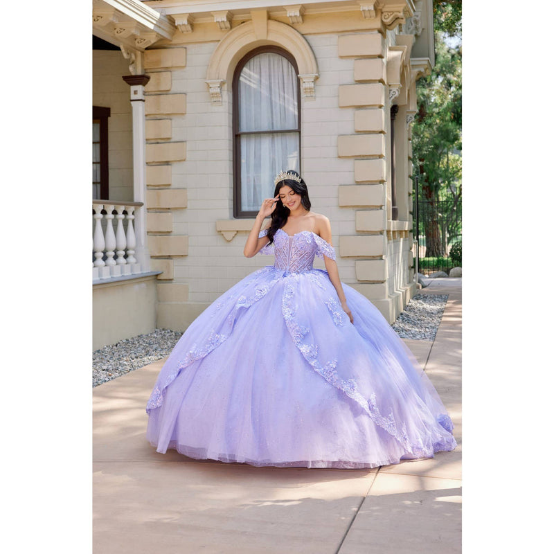 {Lilac Layered Floral Lace Quinceañera Ball Gown | Sweetheart Neckline} - {} at {Linda Mariposa}