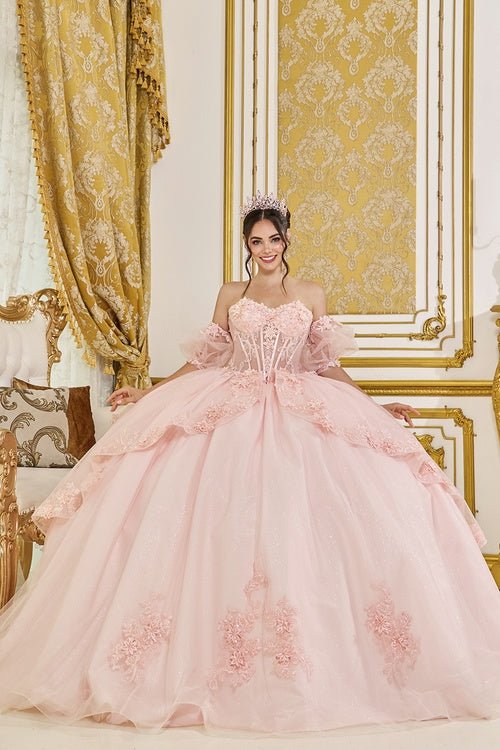 {Linda Mariposa 3D Floral Puff Sleeve Dress - Style 5099 - Blush} - {} at {Linda Mariposa}