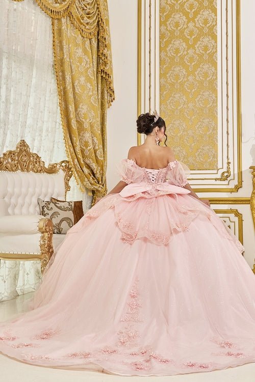 {Linda Mariposa 3D Floral Puff Sleeve Dress - Style 5099 - Blush} - {} at {Linda Mariposa}