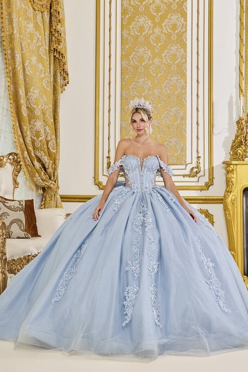 {Linda Mariposa Floral Lace Ball Gown - Style 5088 - Dusty Blue} - {} at {Linda Mariposa}