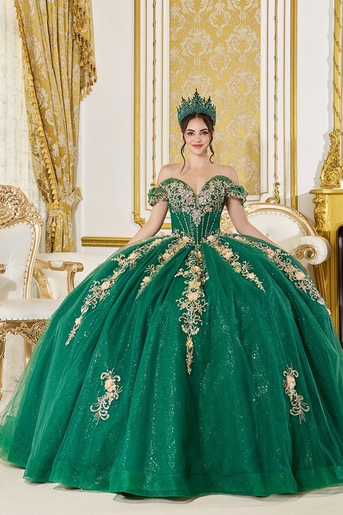 {Linda Mariposa Gold Appliqué Dress - Style 5060 - Hunter Green} - {} at {Linda Mariposa}