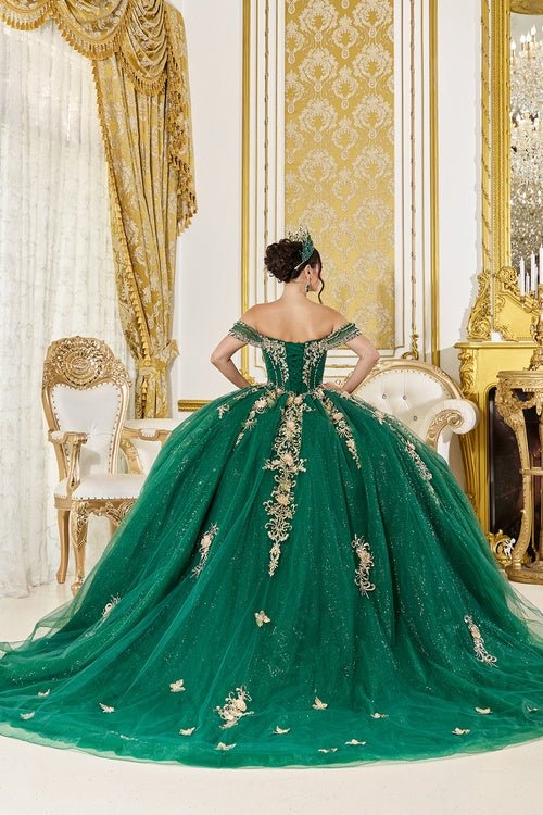 {Linda Mariposa Gold Appliqué Dress - Style 5060 - Hunter Green} - {} at {Linda Mariposa}