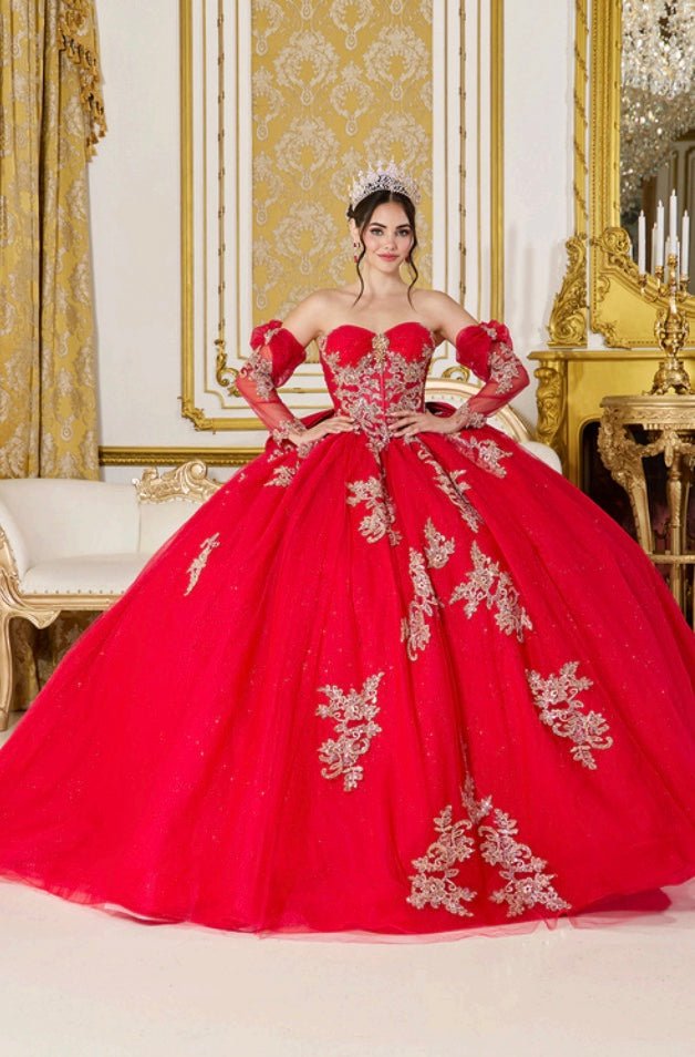 {Linda Mariposa Royal Gold Embroidered Dress - Style 5051 - Red} - {} at {Linda Mariposa}