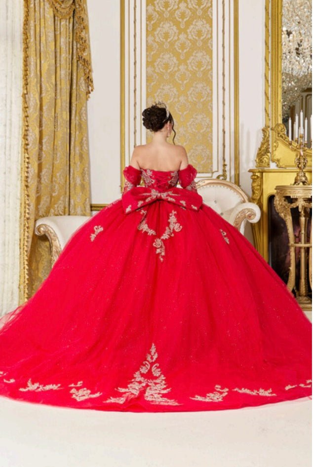 {Linda Mariposa Royal Gold Embroidered Dress - Style 5051 - Red} - {} at {Linda Mariposa}