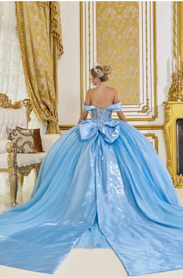 {Linda Mariposa Satin Bow Sparkle Dress - Style 5139 - Bahama Blue} - {} at {Linda Mariposa}