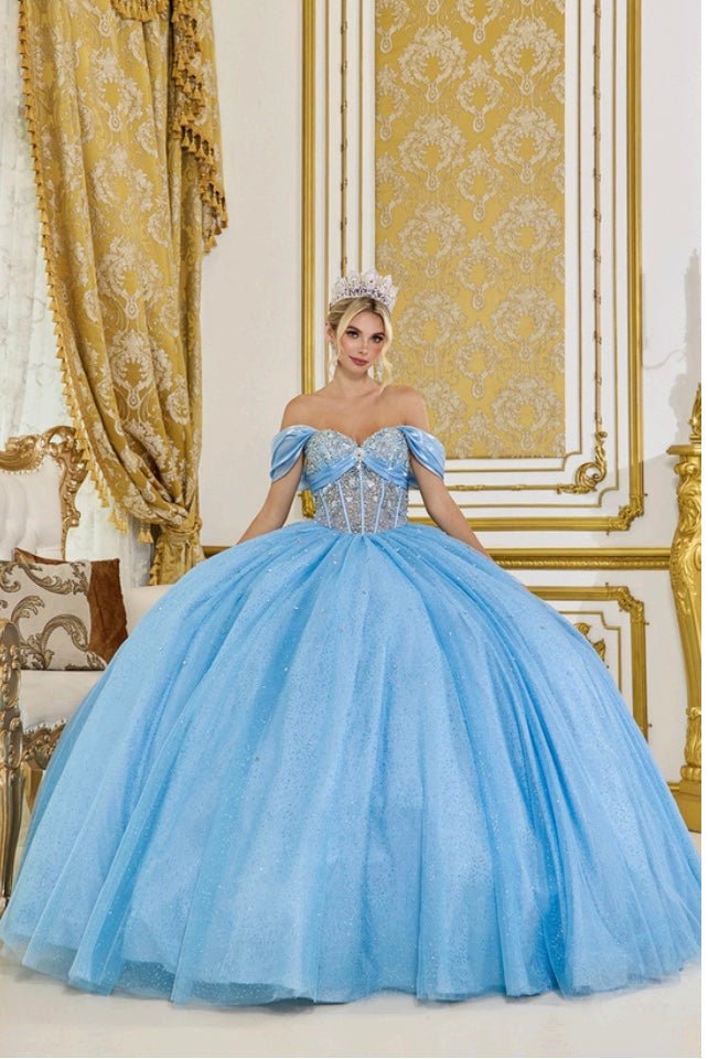 {Linda Mariposa Satin Bow Sparkle Dress - Style 5139 - Bahama Blue} - {} at {Linda Mariposa}