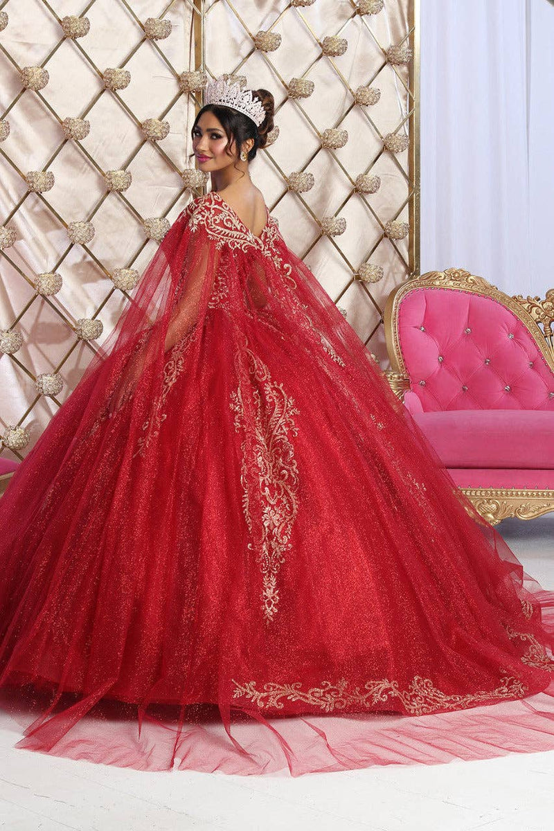 {Luxurious Glitter Gold Beaded Quinceañera Prom Gown with Detachable Cape} - {} at {Linda Mariposa}