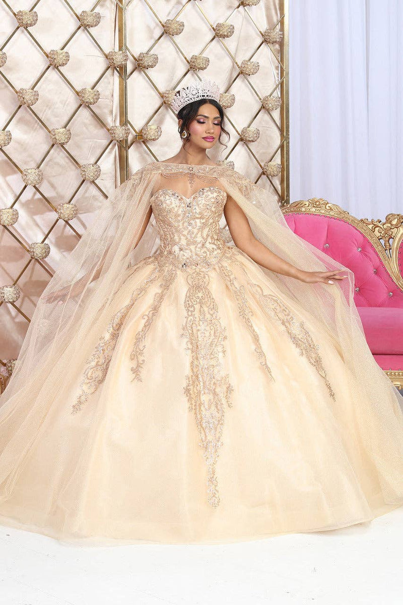 {Luxurious Glitter Gold Beaded Quinceañera Prom Gown with Detachable Cape} - {} at {Linda Mariposa}