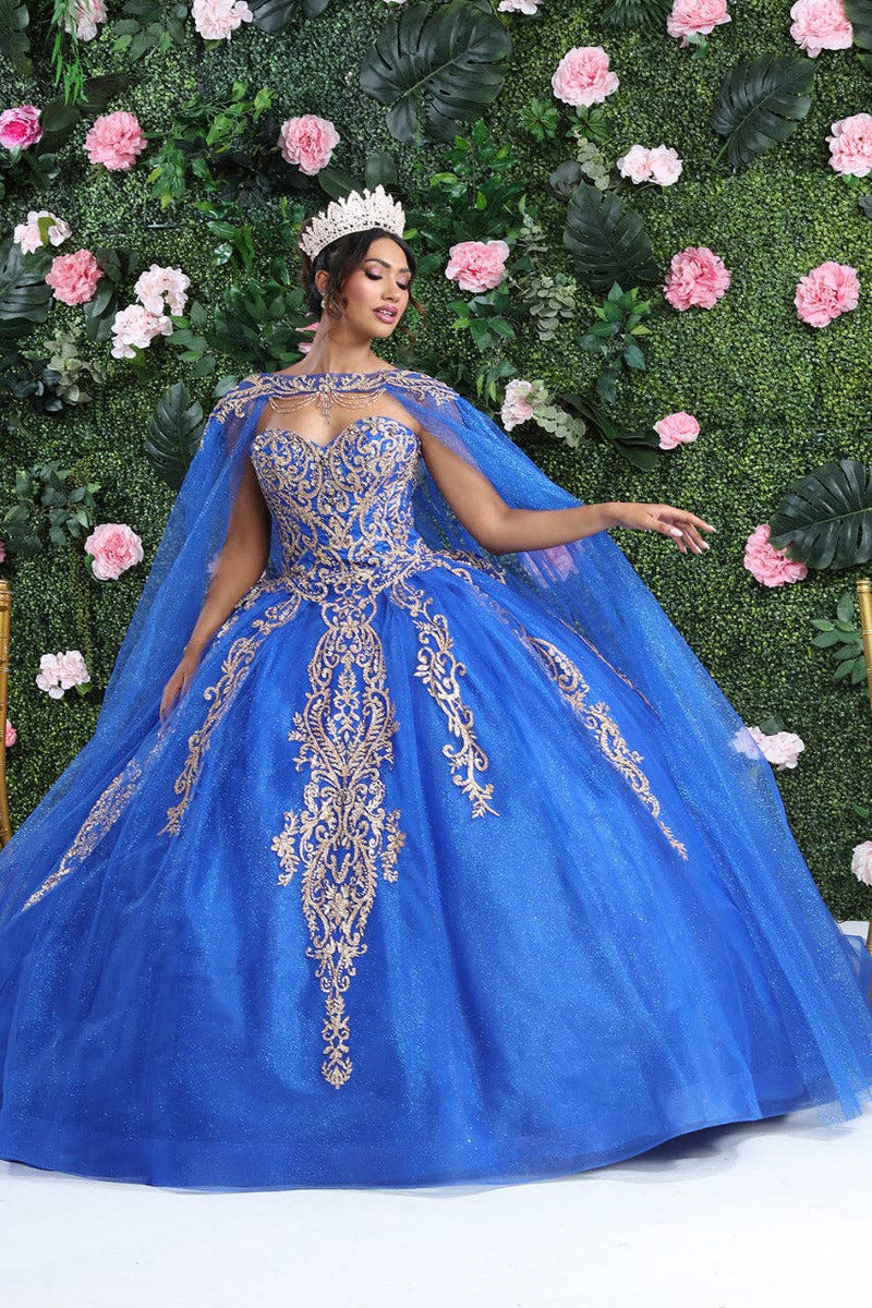 {Luxurious Glitter Gold Beaded Quinceañera Prom Gown with Detachable Cape} - {} at {Linda Mariposa}