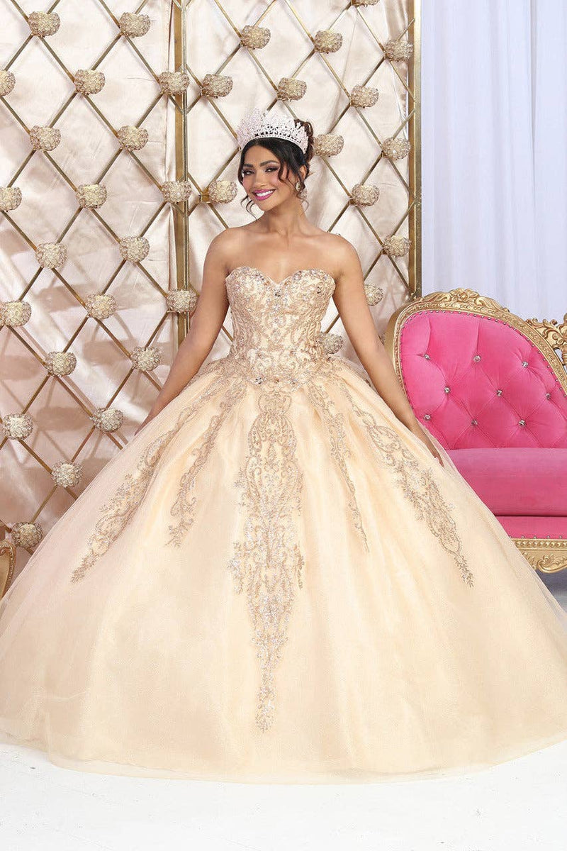 {Luxurious Glitter Gold Beaded Quinceañera Prom Gown with Detachable Cape} - {} at {Linda Mariposa}