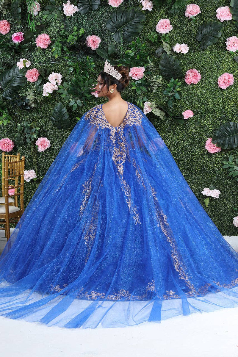 {Luxurious Glitter Gold Beaded Quinceañera Prom Gown with Detachable Cape} - {} at {Linda Mariposa}