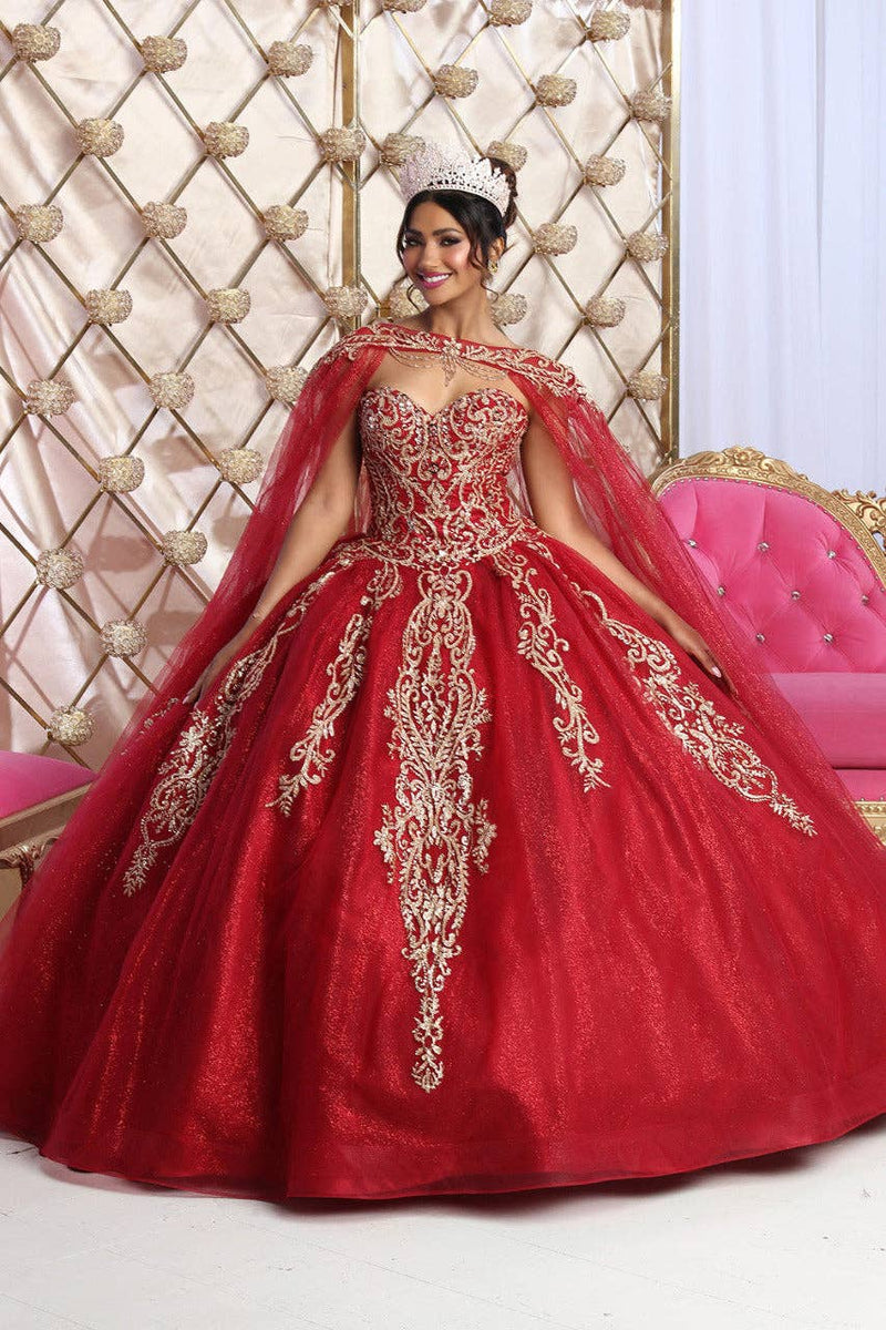 {Luxurious Glitter Gold Beaded Quinceañera Prom Gown with Detachable Cape} - {} at {Linda Mariposa}