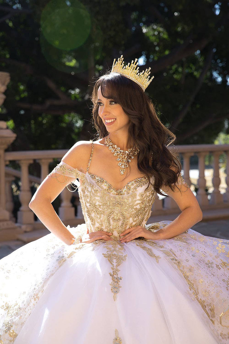 {Luxurious Off - Shoulder Ball Gown with Tulle Train and Gold Embroidery} - {} at {Linda Mariposa}