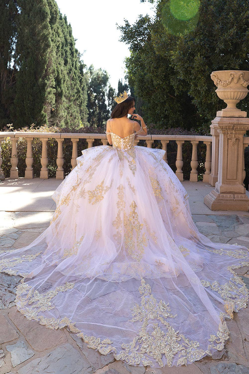{Luxurious Off - Shoulder Ball Gown with Tulle Train and Gold Embroidery} - {} at {Linda Mariposa}