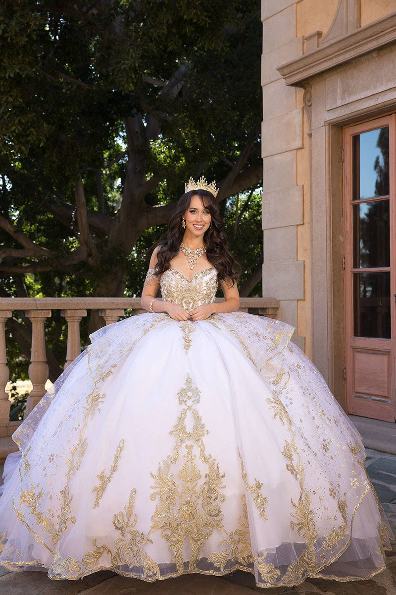 {Luxurious Off - Shoulder Ball Gown with Tulle Train and Gold Embroidery} - {} at {Linda Mariposa}