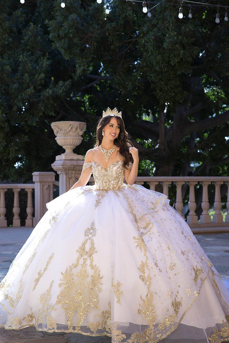 {Luxurious Off - Shoulder Ball Gown with Tulle Train and Gold Embroidery} - {} at {Linda Mariposa}