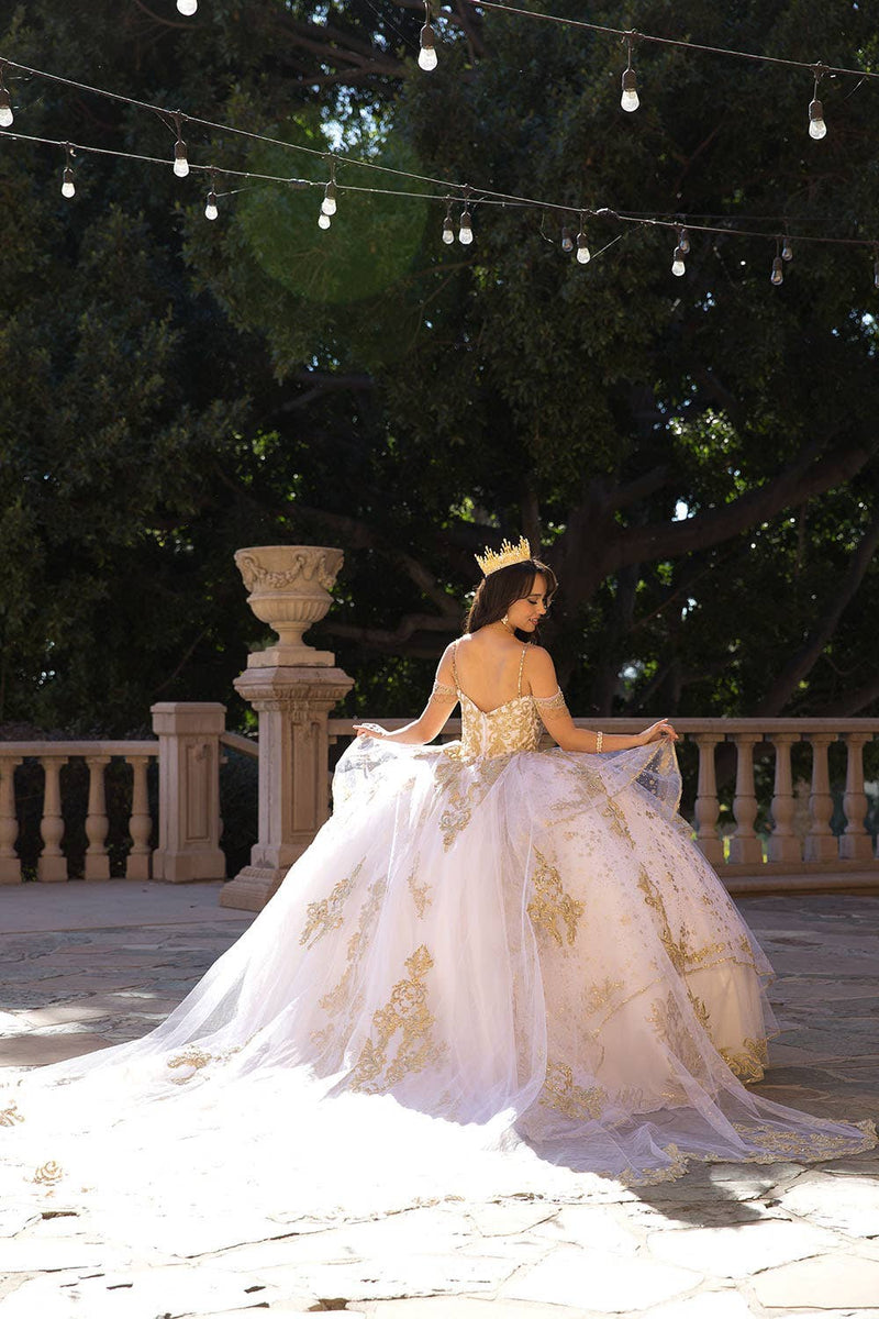 {Luxurious Off - Shoulder Ball Gown with Tulle Train and Gold Embroidery} - {} at {Linda Mariposa}