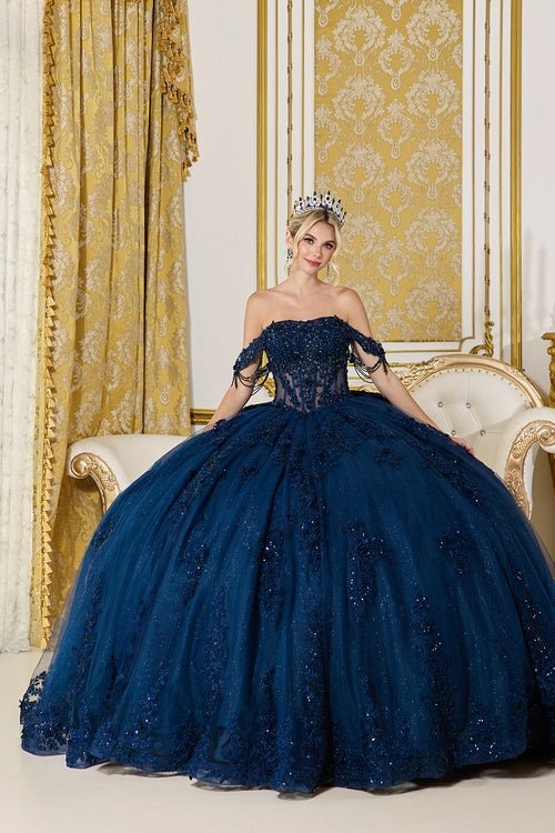 {Navy Blue Beaded Corset Quinceañera Dress – Ball Gown Style 5141} - {} at {Linda Mariposa}