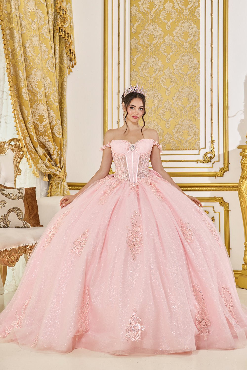 {Pink Off - the - Shoulder Quinceañera Ball Gown | Corset Lace - Up Back} - {} at {Linda Mariposa}