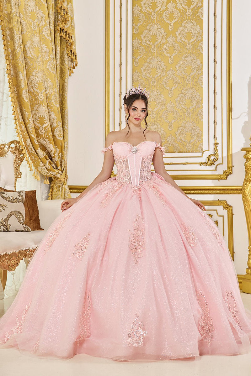 {Pink Off - the - Shoulder Quinceañera Ball Gown | Corset Lace - Up Back} - {} at {Linda Mariposa}