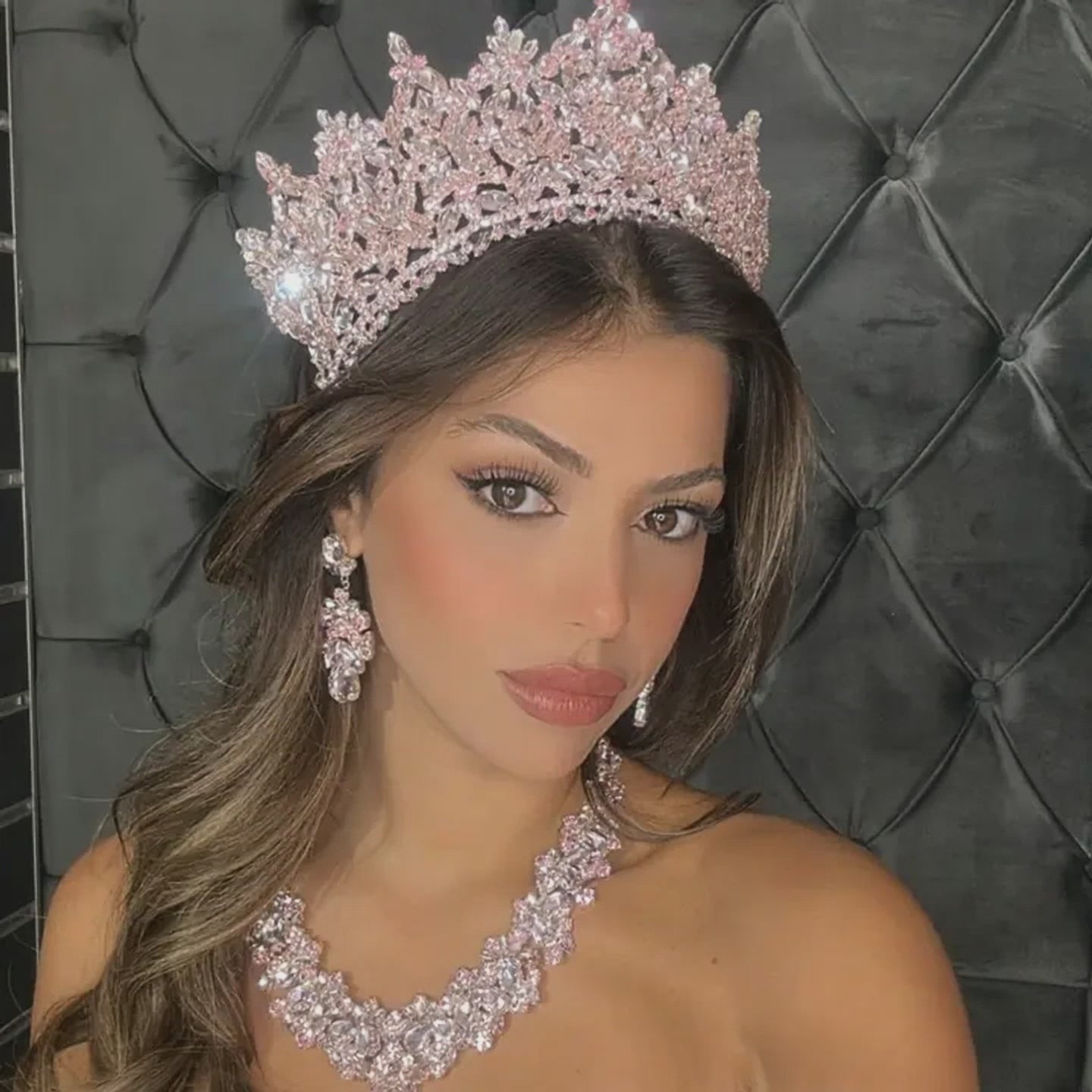 Wholesale Quinceanera Crown, Pink Crystal Crown, Prom Gold Headdress
