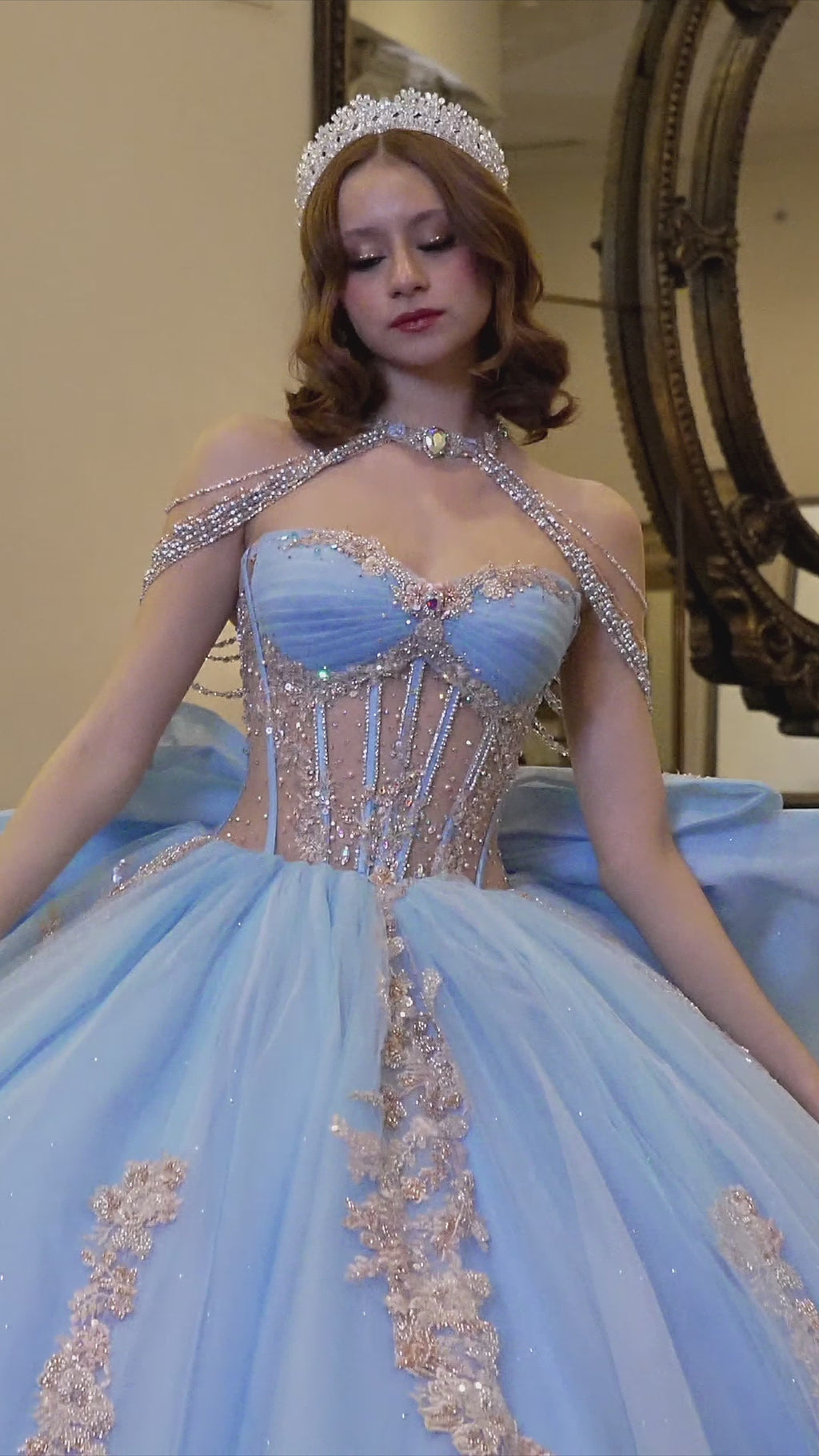 Crystal-Sky Aurora Quinceañera Dress – Baby Blue Glitter Tulle with Couture Corset Elegance