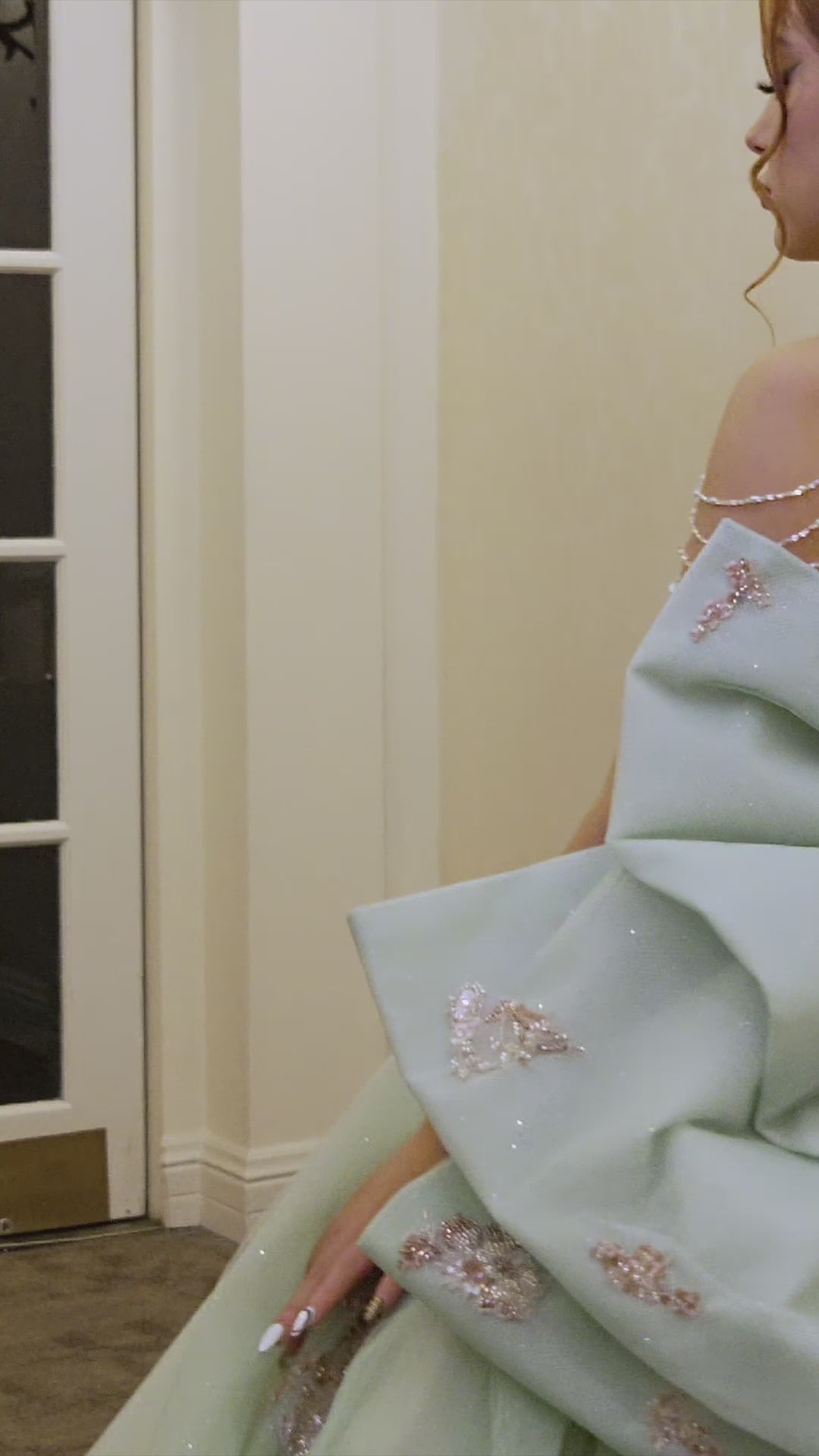 Garden Glow – Sage Green Quinceañera Dress with Floral Appliqués & Glitter