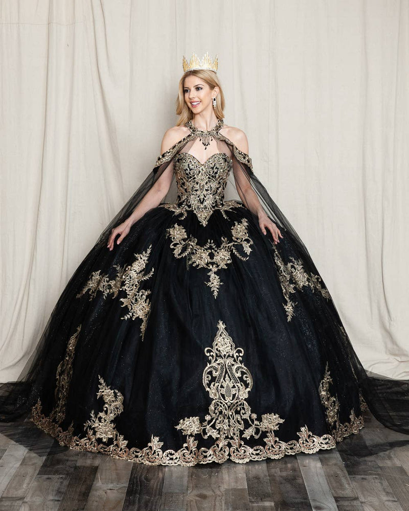 {Princess Vanessa Mexican Quinceañera Dress with Gold Embroidery & Glitter Tulle} - {} at {Linda Mariposa}