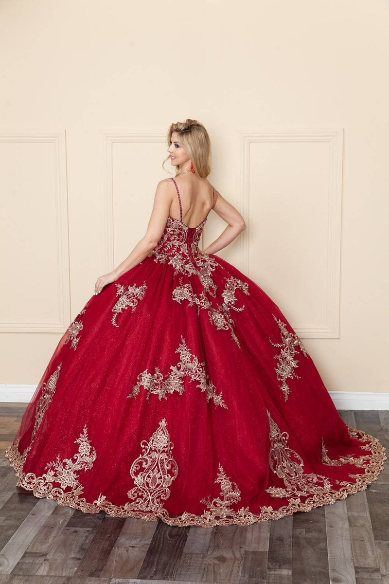 {Princess Vanessa Mexican Quinceañera Dress with Gold Embroidery & Glitter Tulle} - {} at {Linda Mariposa}