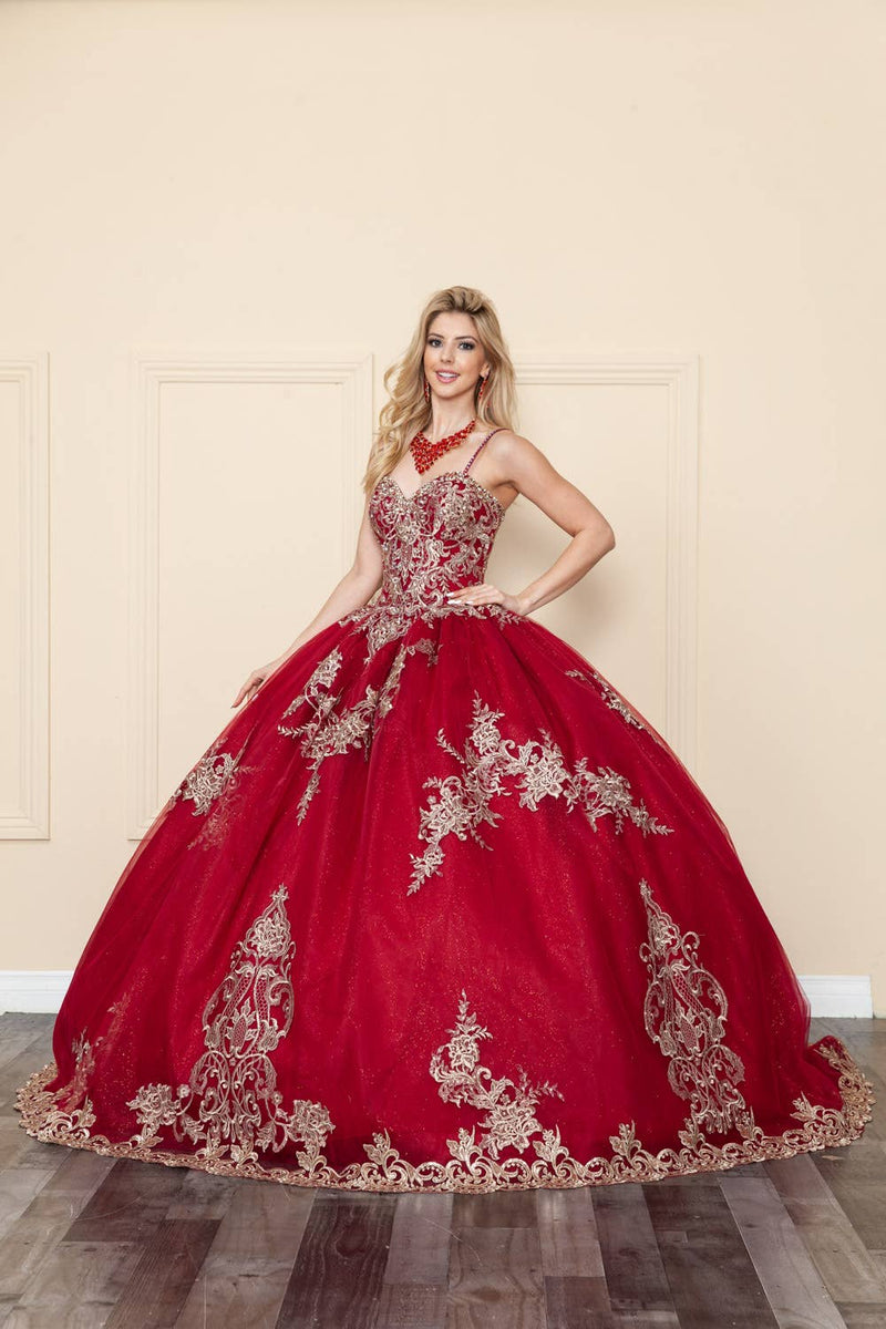 {Princess Vanessa Mexican Quinceañera Dress with Gold Embroidery & Glitter Tulle} - {} at {Linda Mariposa}