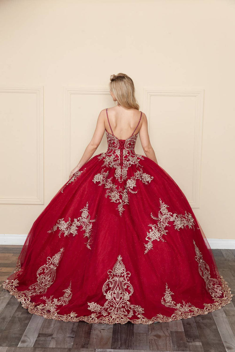 {Princess Vanessa Mexican Quinceañera Dress with Gold Embroidery & Glitter Tulle} - {} at {Linda Mariposa}