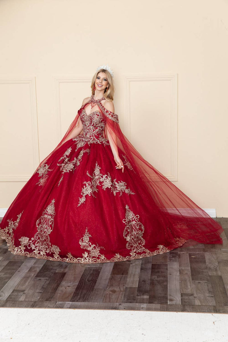 {Princess Vanessa Mexican Quinceañera Dress with Gold Embroidery & Glitter Tulle} - {} at {Linda Mariposa}