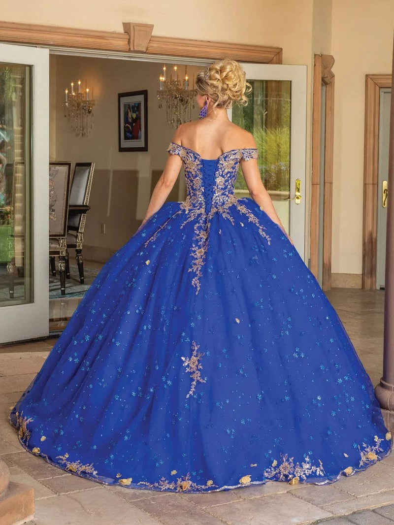 {Royal Blue Princess Ball Gown: Off - Shoulder Quinceañera Dress with Gold Embroidery} - {} at {Linda Mariposa}
