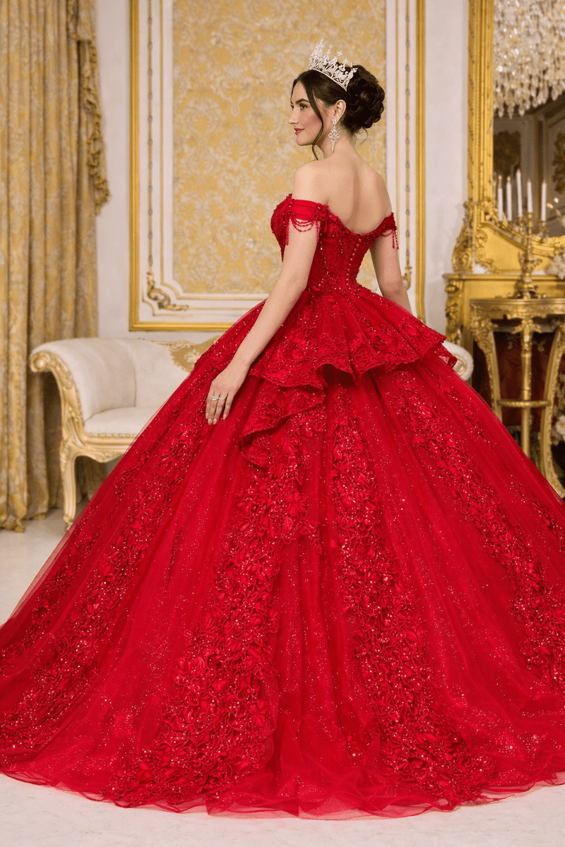 {Ruby Red Lace Quinceañera Ball Gown | Off - the - Shoulder & Peplum} - {} at {Linda Mariposa}
