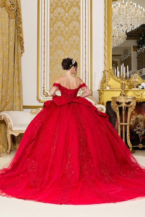 {Ruby Red Lace Quinceañera Ball Gown | Off - the - Shoulder & Peplum} - {} at {Linda Mariposa}