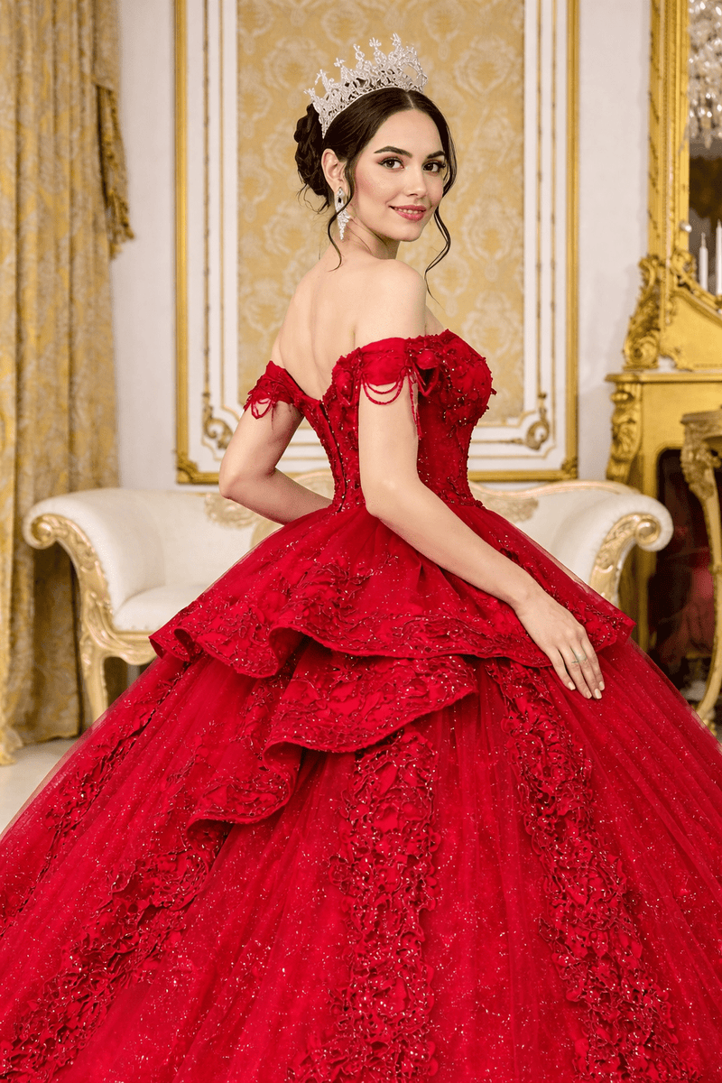 {Ruby Red Lace Quinceañera Ball Gown | Off - the - Shoulder & Peplum} - {} at {Linda Mariposa}