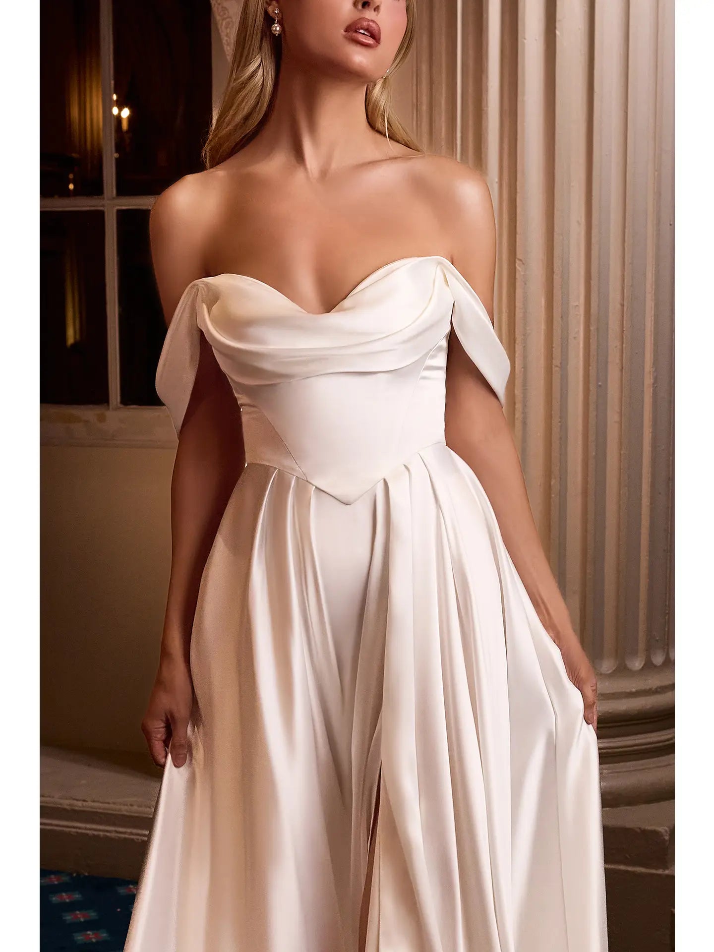 Elegant Off-the-Shoulder Pleated Satin A-Line Bridal Gown Dress