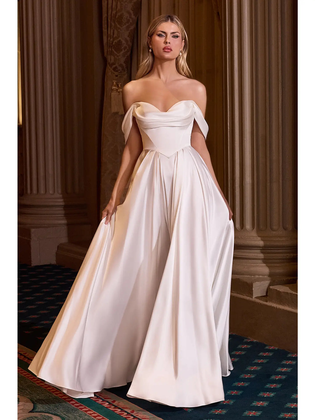 Elegant Off-the-Shoulder Pleated Satin A-Line Bridal Gown Dress