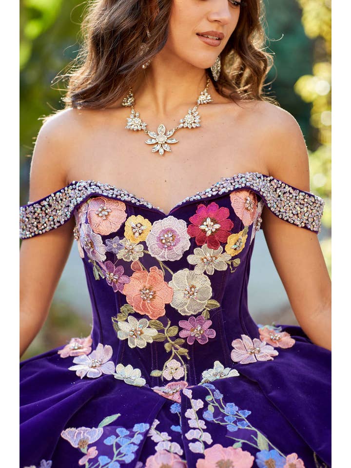 {Stunning Purple Charro Floral Quinceanera Ball Gown with Iridescent Gemstones} - {} at {Linda Mariposa}