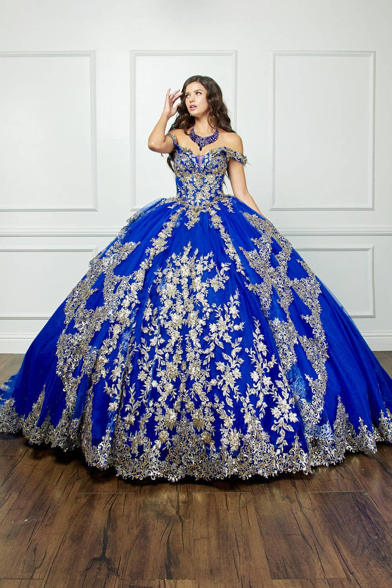{Stunning Royal Blue Bedazzled Off Shoulder Quinceañera Gown, Cathedral Train, Sequin} - {} at {Linda Mariposa}