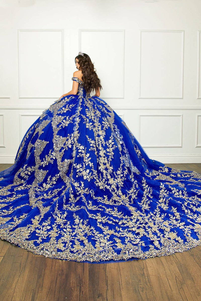{Stunning Royal Blue Bedazzled Off Shoulder Quinceañera Gown, Cathedral Train, Sequin} - {} at {Linda Mariposa}