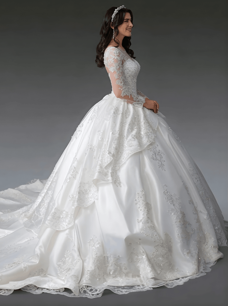 {The Royal Bride Exquisite Long - Sleeve Ball Gown with Beaded Details} - {} at {Linda Mariposa}