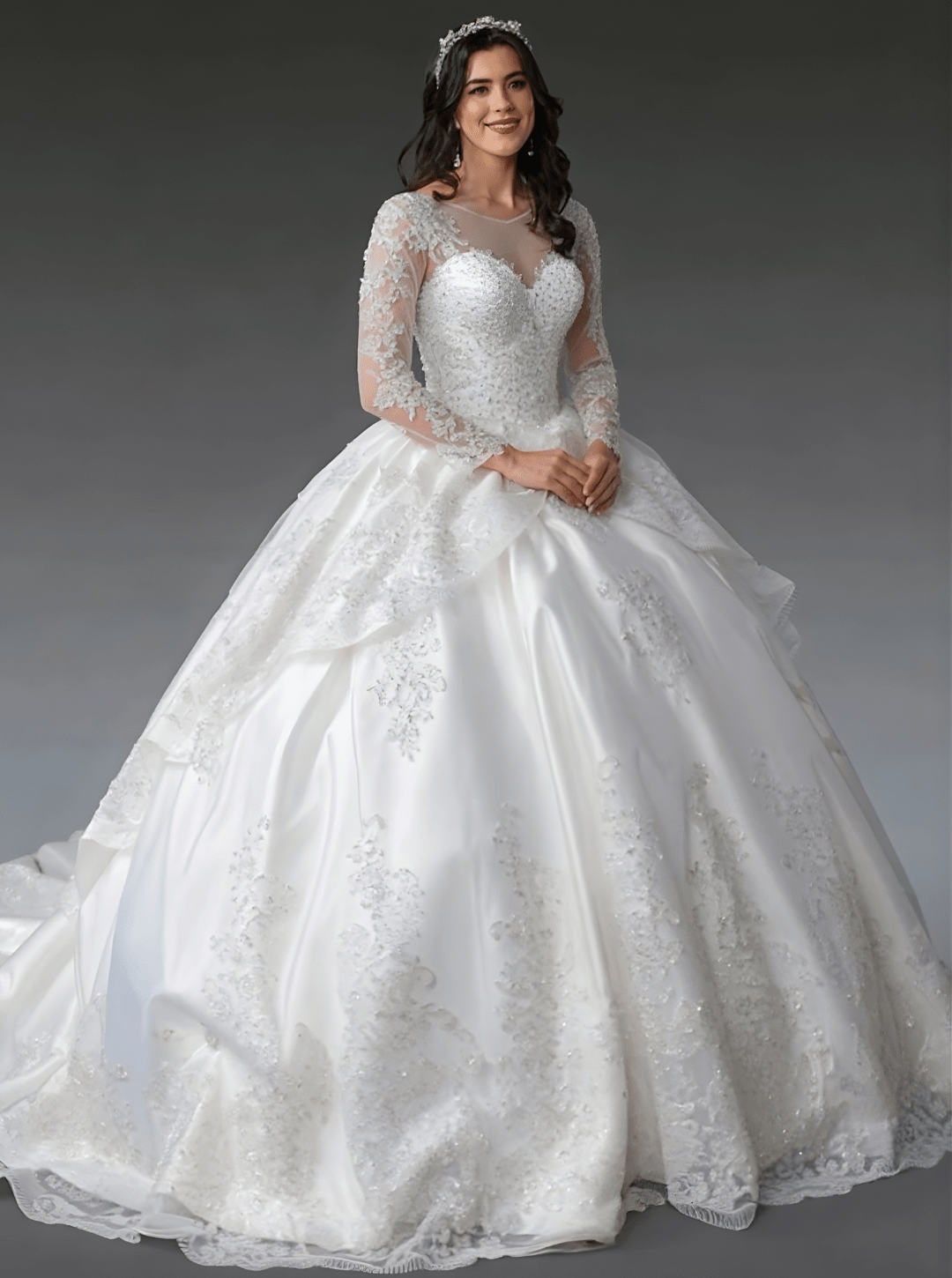 {The Royal Bride Exquisite Long - Sleeve Ball Gown with Beaded Details} - {} at {Linda Mariposa}