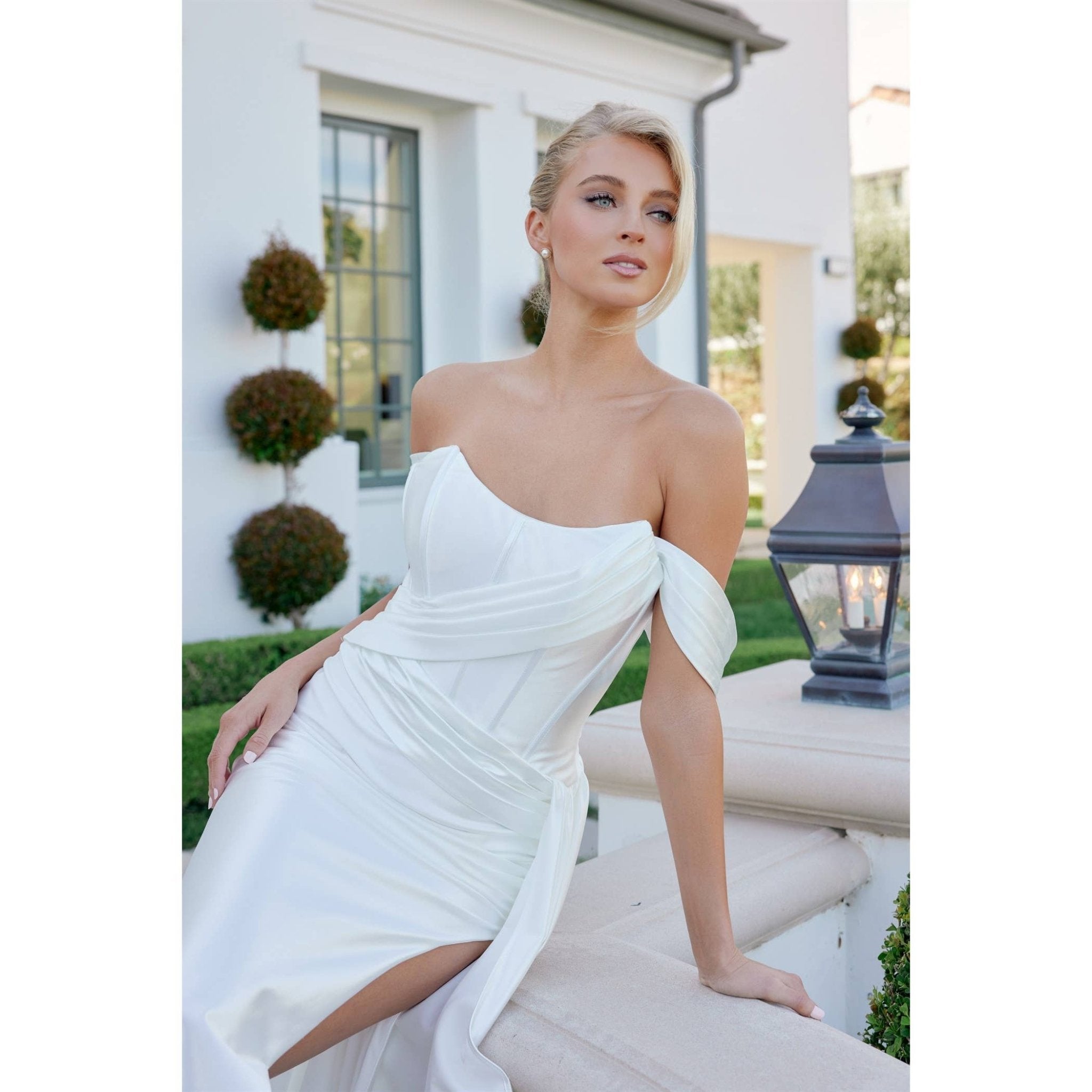 {White Bustier Corset Satin Dress with Detachable Off - Shoulder Straps} - {} at {Linda Mariposa}