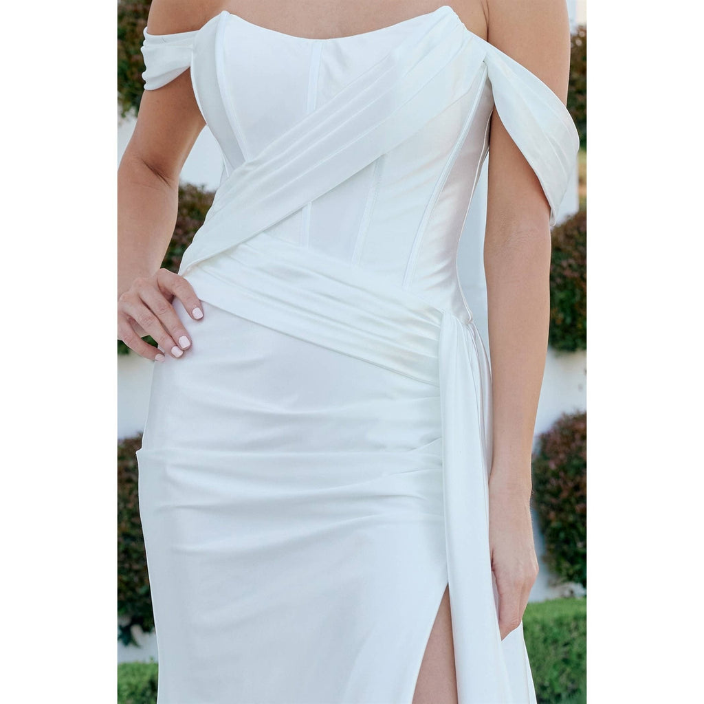 {White Bustier Corset Satin Dress with Detachable Off - Shoulder Straps} - {} at {Linda Mariposa}